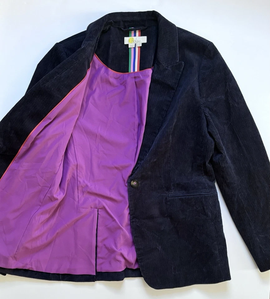 Blazer feminino Boden azul marinho veludo jaqueta de algodão stretch tamanho 8 R excelente - Imagem 2 de 4