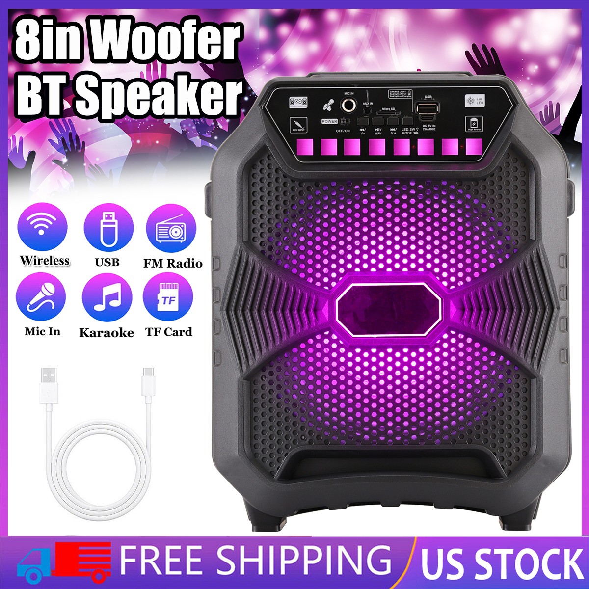 Rechargeable Bluetooth Speaker w/ 8&rdquo; Woofer Portable LED P