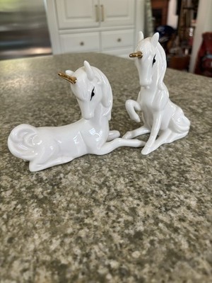 Enesco Fantasy White Unicorn Figurines Set of 2 with Gold Horns