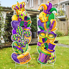 2 Pcs Mardi Gras Yard Sign with Stake Outdoor Carnival Lawn Decorations Waterpro