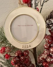 NWT Pottery Barn Christmas Ornament White Enamel Gold Edge 3.5" Round Frame 2024