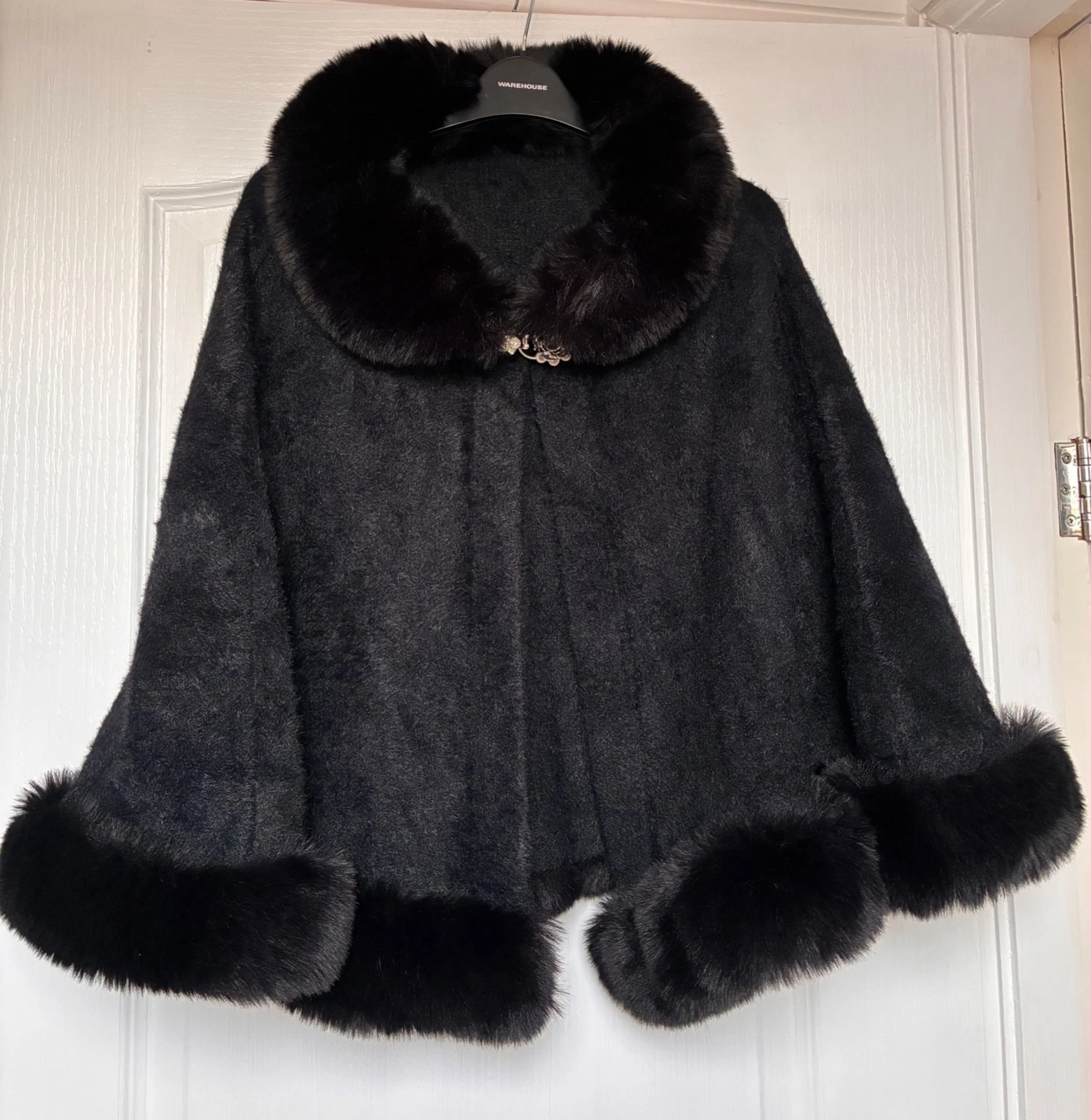 Black Faux Fur Open Front Poncho Cape, Diamante clasp, Will fit up to size UK 16