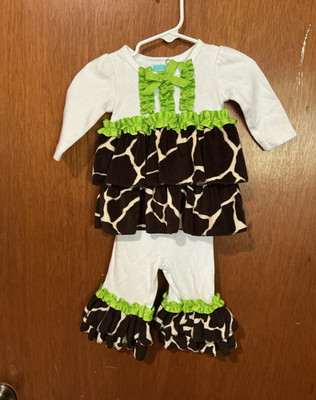 Mud Pie Girls 0-6M 2pc Giraffe Animal Print Long Sleeve Top & Pants Set White