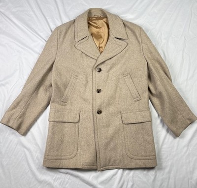 VINTAGE Campus Coat Mens 44 Beige Wool Tweed Car Coat Topcoat Made in USA 70s