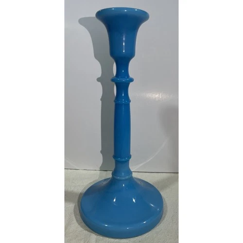 Vintage 9.5" Blue Opaque Milk Glass Spindle Candlestick Holder, Mid-20th Century