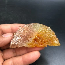 Old China HongShan Culture Jade Hand-Carved Dragon Beast Head Amulet Pendant#364