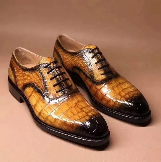 Handcrafted New Men's Two Tone Crocodile Leather Texture Oxford Lace Up Shoe Men