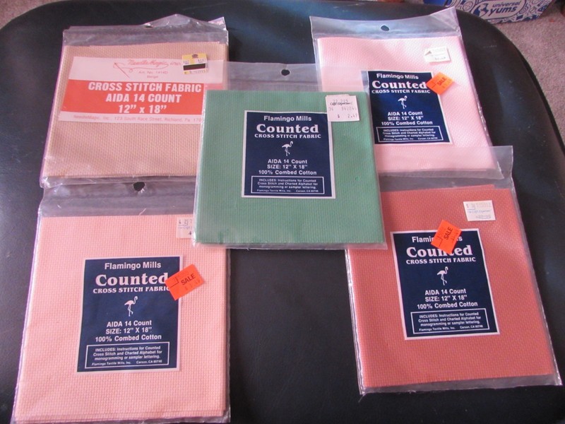 Counted Cross Stitch Fabric Lot of 5-12"x18", Green, Pink x 2, Beige, Brownish