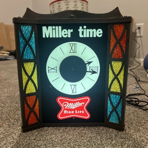 Vintage MILLER HIGH LIFE Beer CLOCK Faux STAINED GLASS Bar Light Sign