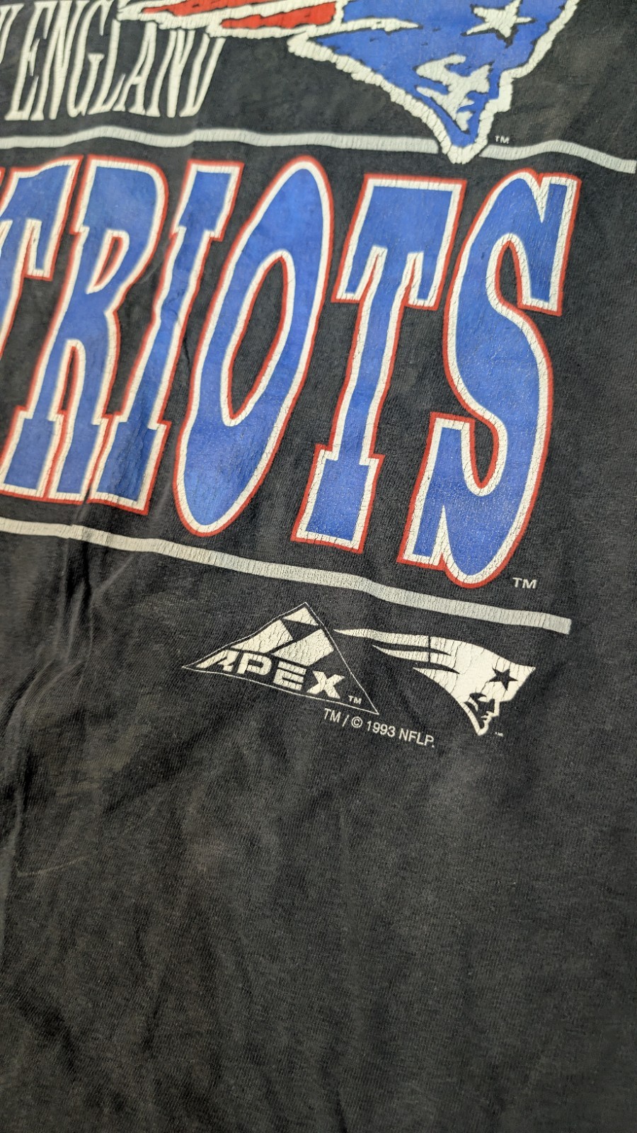 1993 Apex Sportswear New England Patriots Double Sided Graphic Shirt Large