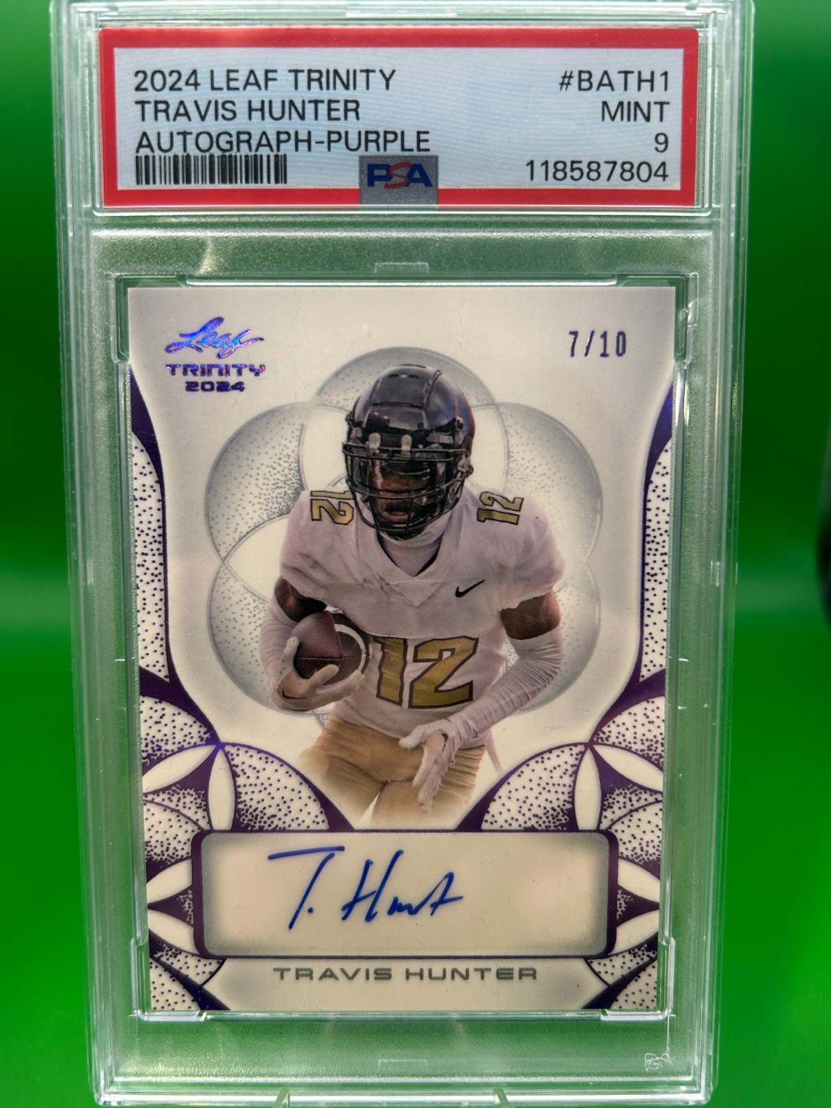 2024 Leaf Trinity Travis Hunter Autograph Purple, Card# BATH1, 7/10 PSA9, Pop 2