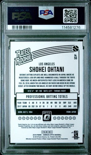 Donruss Optic #56 2018 SHOHEI OHTANI Rated Rookie RC variante funzionante PSA 9 - Foto 2 di 3