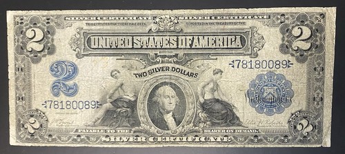 1899 2 $ US Silver Certificate Blue Seal Mini-Bullauge Horseblanket Note