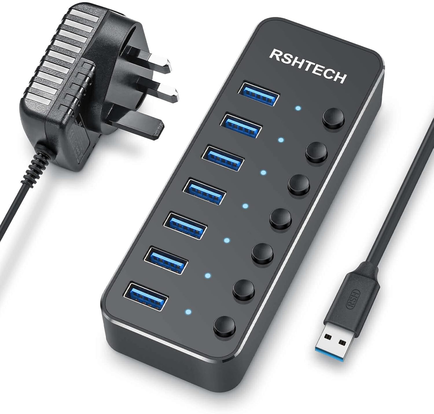 RSHTECH USB Hub Powered 7 Port USB 3.0 Data Hub Aluminum USB Extension Splitter