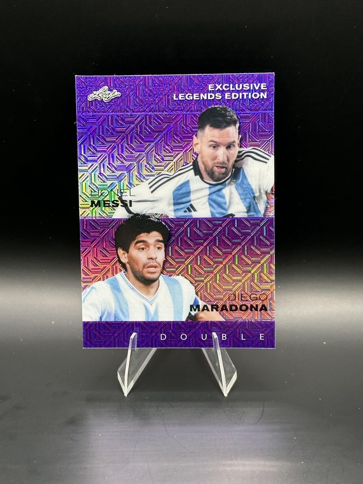 Diego Maradona & Lionel Messi 2025 Leaf Metal Dual Purple /15 RC view 1