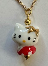 HELLO KITTY RED GOLD STAR PORCELAIN CERAMIC PENDANT 1" NECKLACE 18" GP