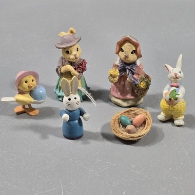 6 Piece Easter Figures Vintage Bunnies, Rabbits, Duck & Colored Eggs