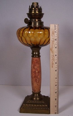 Antique Oil Lamp Amber Glass Font with Red Jasper and Brass Base