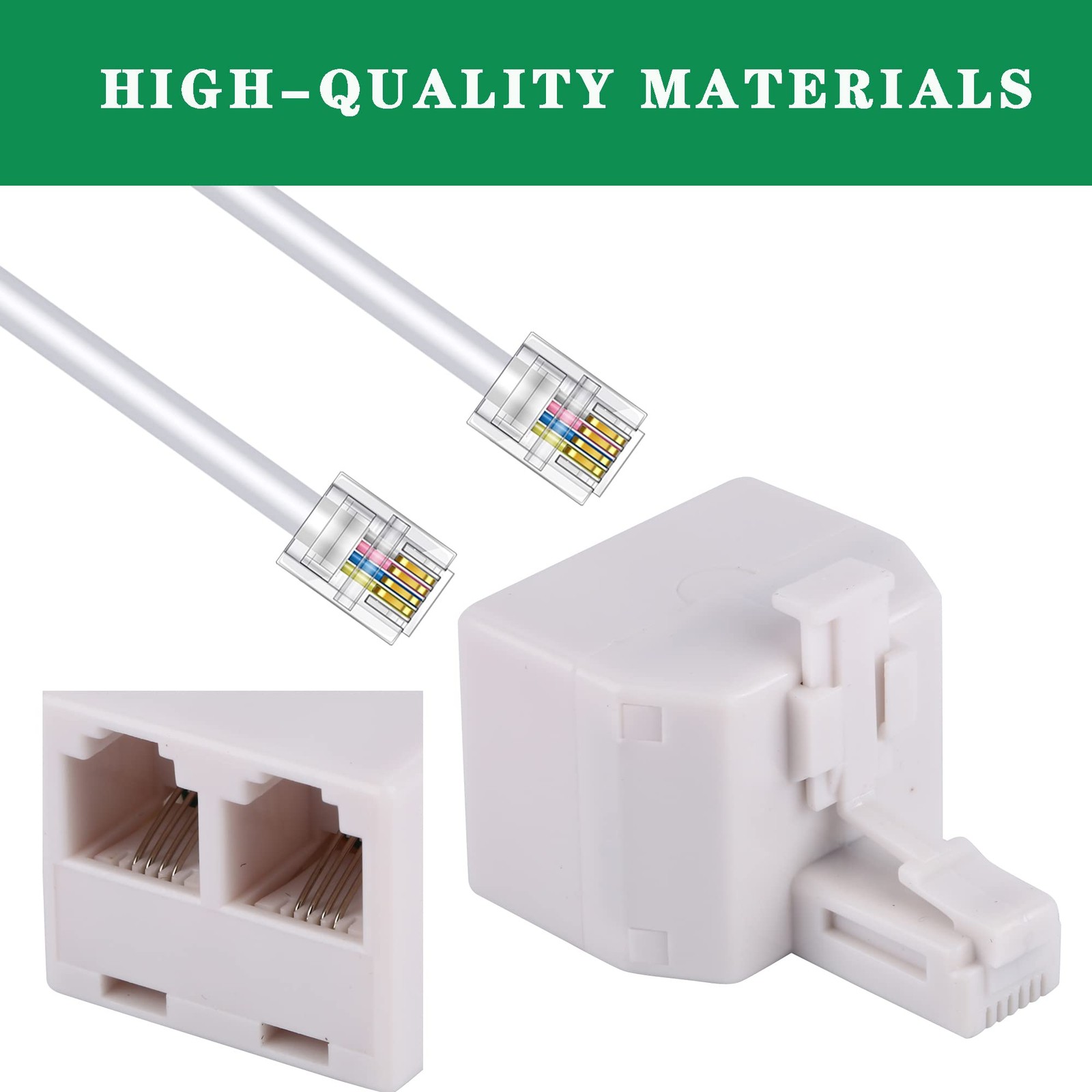 2+1Pack 2Pcs Phone Jack Splitter RJ11 6P4C Male to Females and 1Pc Phone Line