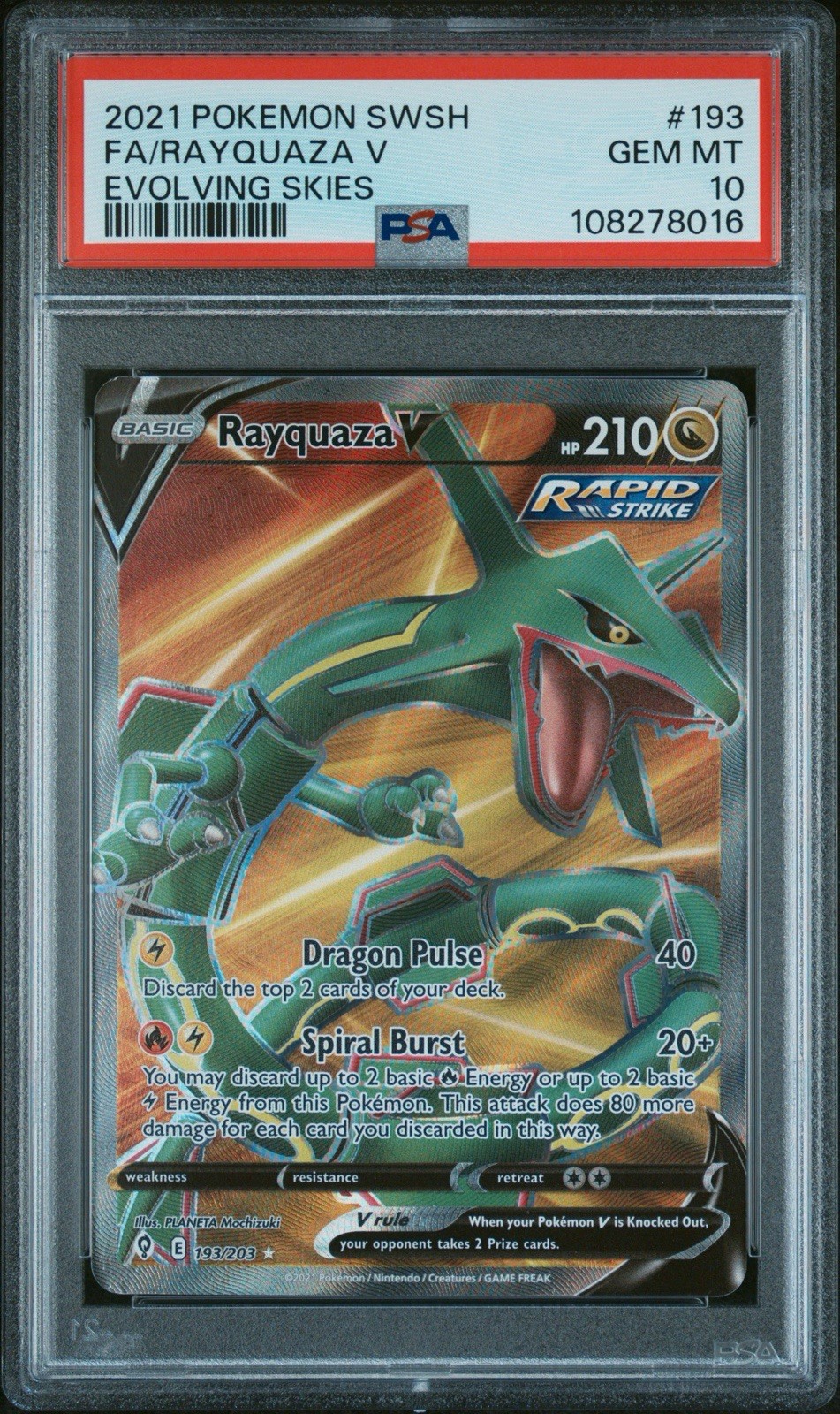 Rayquaza V PSA 10 🐉 Pokemon Evolving Skies Full Art 193