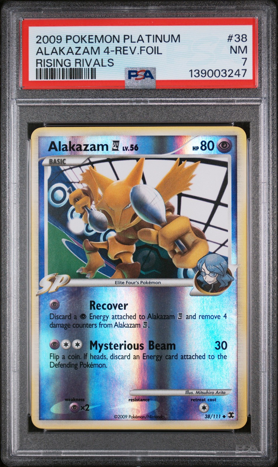 2009 POKEMON PLATINUM RISING RIVALS #38 ALAKAZAM 4-REVERSE FOIL PSA 7