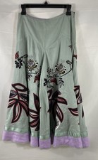 Oilily Women's Green Linen Embroidered Beaded Sequin Floral Midi Skirt Sz 36