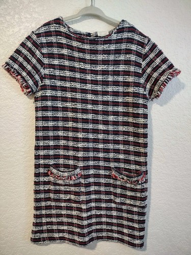 Zara Girls Size 7 Boucle Dress Blue Red White Fringe Pockets Plaid Christmas