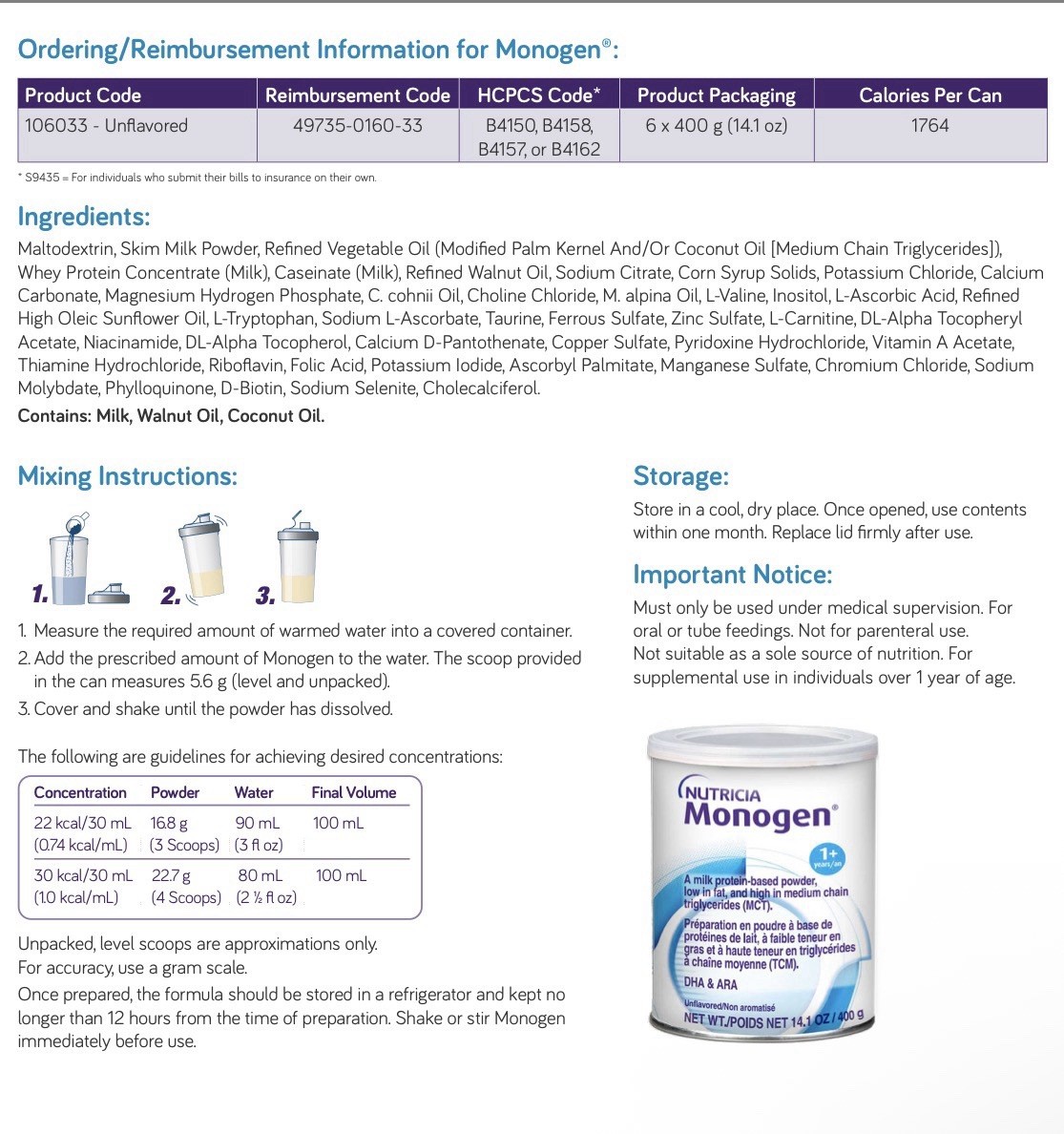 Nutricia Monogen, Milk Protein-Based Powder, Unflavored, 6 Cans