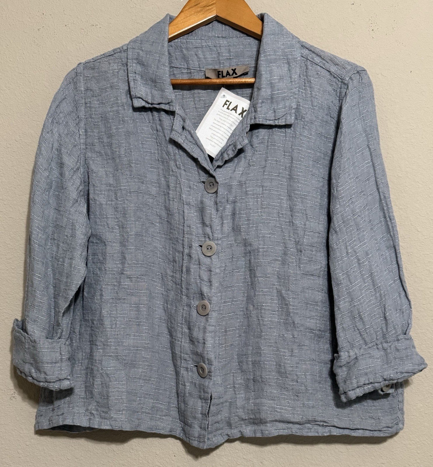 New Flax Women's M Blue 100 % Linen Button Up Collared Jacket Top Minimalist $92