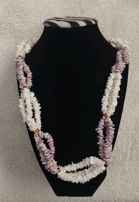 Chips Sea Shell Necklace White Purple Beaded Hawaiian Surfer Tropical 