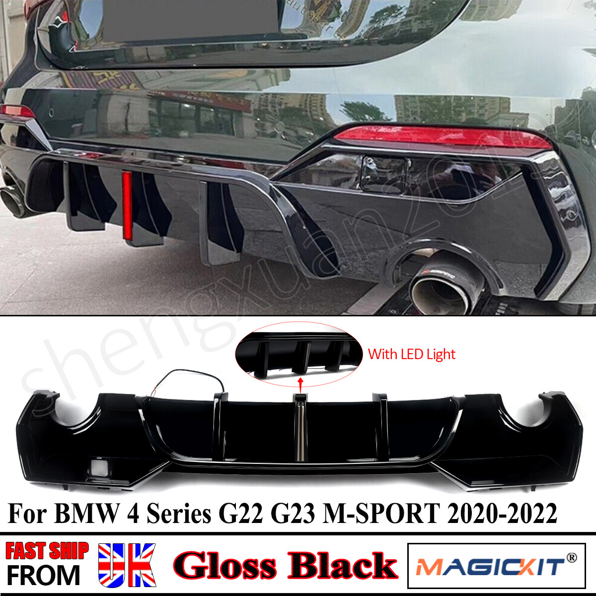 For BMW 4 Series G22 G23 2020+ M Sport Aero Rear LED Rear Diffuser Gloss Black