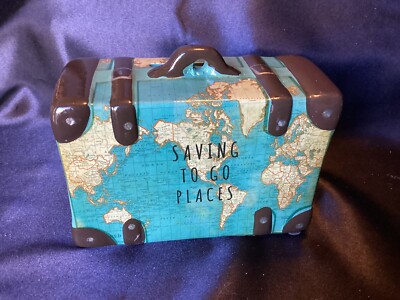 Sass & Belle Travel Suitcase Coin Bank Saving To Go Places World Map