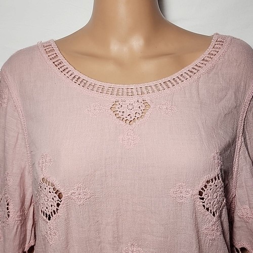 Lapis Top Womens Size Medium Boho Floral Embroidered Pink Cottage Gauzy Peasant - Picture 3 of 11
