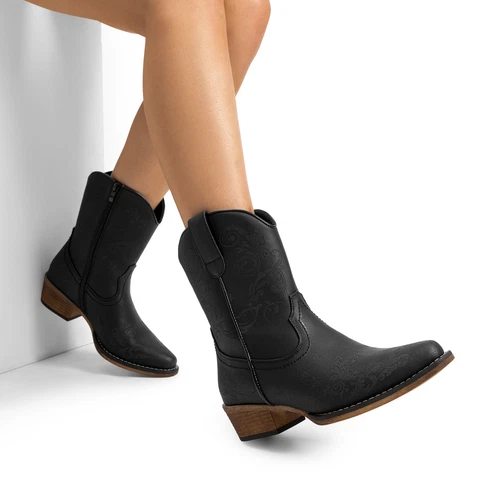 Women Cowboy Booties Low Heel Close Square Toe Western Side Zipper Ankle Boots - Picture 6 of 36