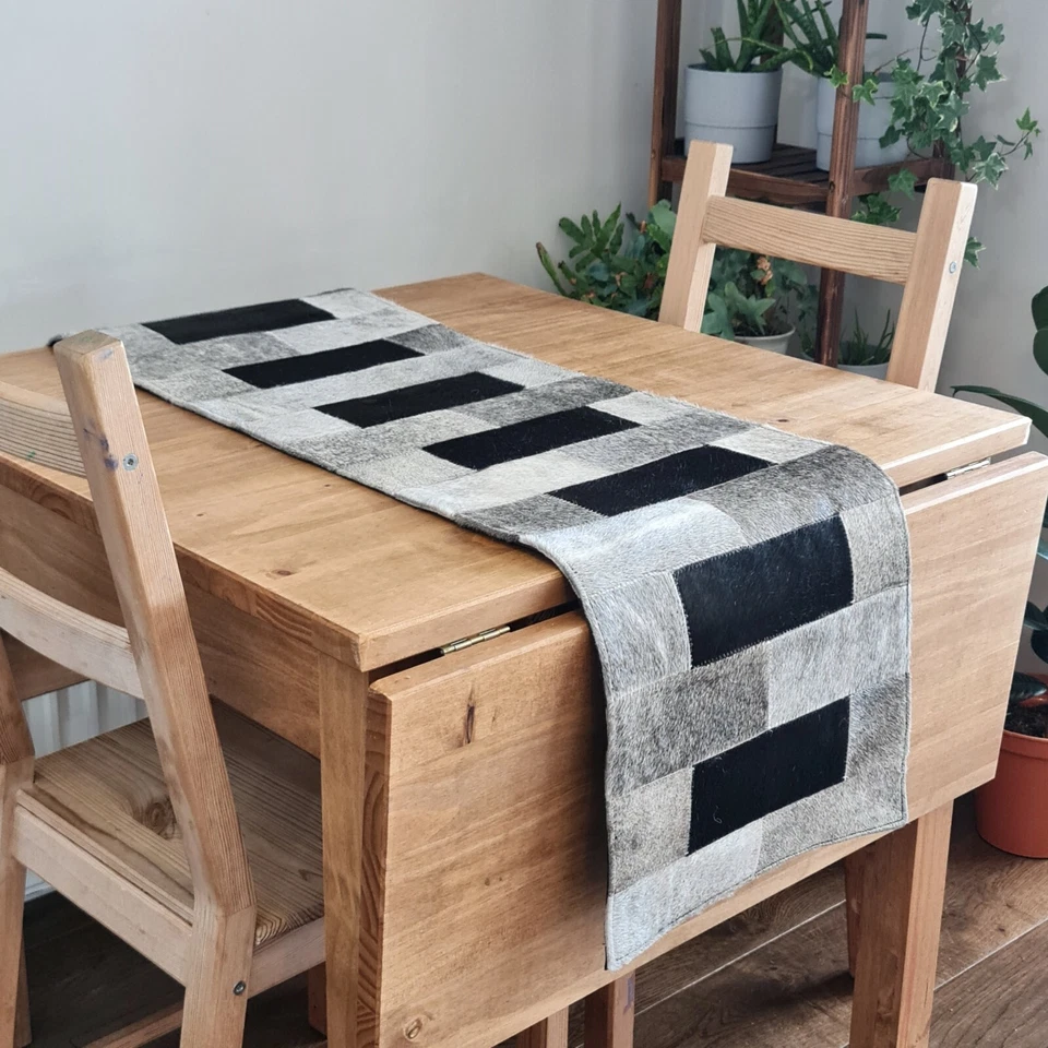 Cowhide table runner / Genuine Leather table runner / Black & Grey  - Image 2 of 4