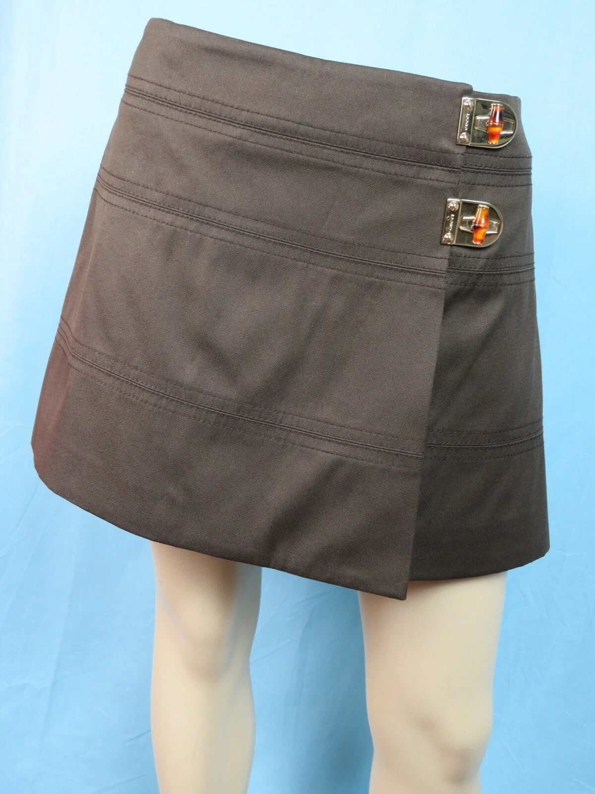 MINI JUPE NEUVE AVEC ÉTIQUETTE GUCCI 212891 COTON MARRON 2X BIJOU BOUCLE CADENAS LOGO 44 