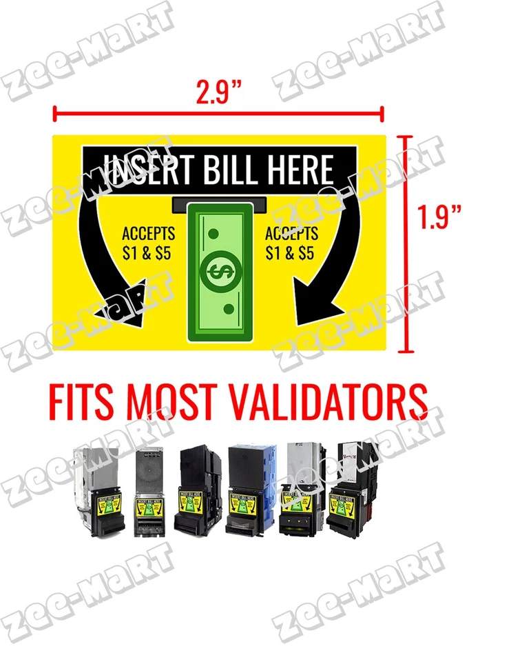 Dollar Bill Validator/Dollar Bill Acceptor Sticker - $1 & $5 - MEI Coinco ICT