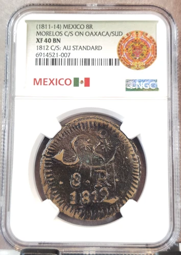 1812 MEXICO 8 REALES MORELOS COUNTERSTAMP ON OAXACA SUD NGC XF 40 BN CS AU RARE