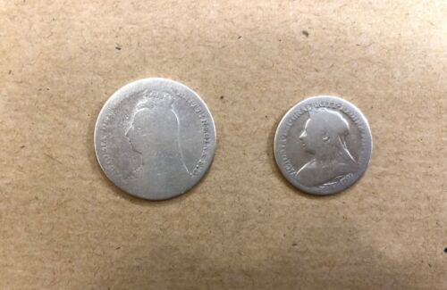 GREAT BRITAIN-QUEEN VICTORIA-SILVER 1 SHILLING 1890 AND SIXPENCE 1900 .