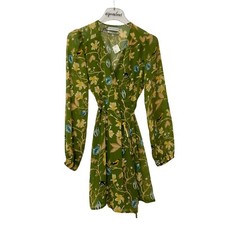 New Urban Outfitters Long Sleeve Green Floral Birds Wrap Mini Fall Dress