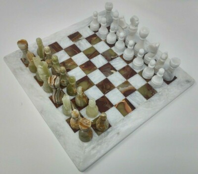 JT Handmade Green Onyx and White Marble Chess Game - Staunton Marble Chess Set