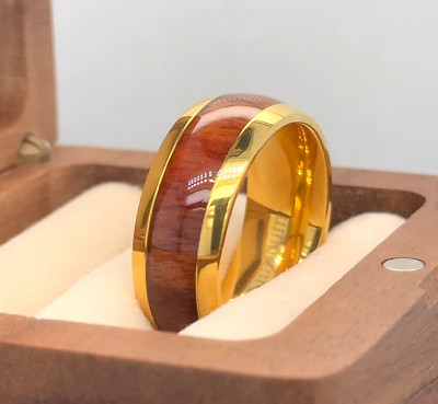 Gold Titanium Engraved Band Wooden Inlay Stepped Edge Ring Holiday Gift Band