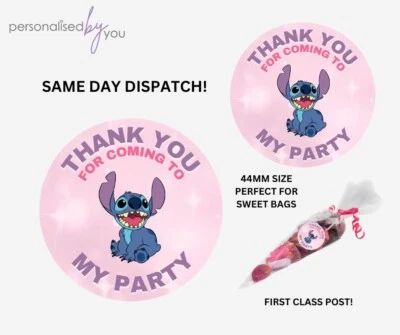 PERSONALISED BY YOU Disney STITCH Thank You For Coming To My Party Tasche Sweet Bag Runde Aufkleber