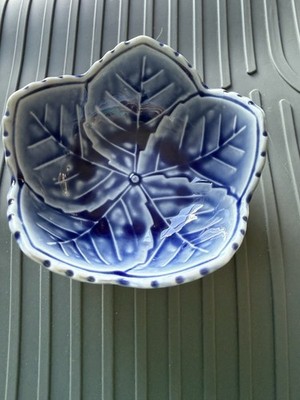 Vintage Studio Pottery Blue Leaf Dish Trinket Bowl Signed 4 