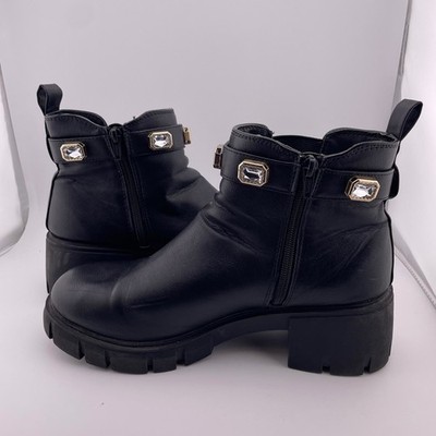 Madden NYC Black Lug Sole Rhinestone Ankle Boots Chunky Block Heel Size 10