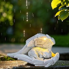 Angel Cat Memorial Statue Solar Light Resin Pet Figurine Garden Loss Gift