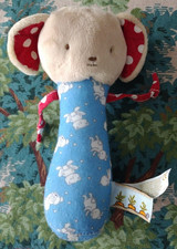 Bunnies by the Bay Bunny Baby Chime Rattle Blue Red White Polka Dot Ears 6"
