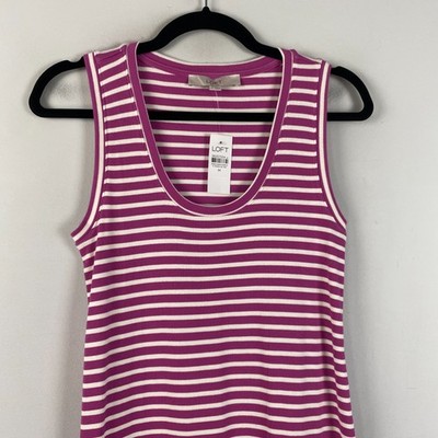 LOFT Stripe Perfect Ribbed Tank Midi Dress Size M Pink White Stripe Slit |  eBay