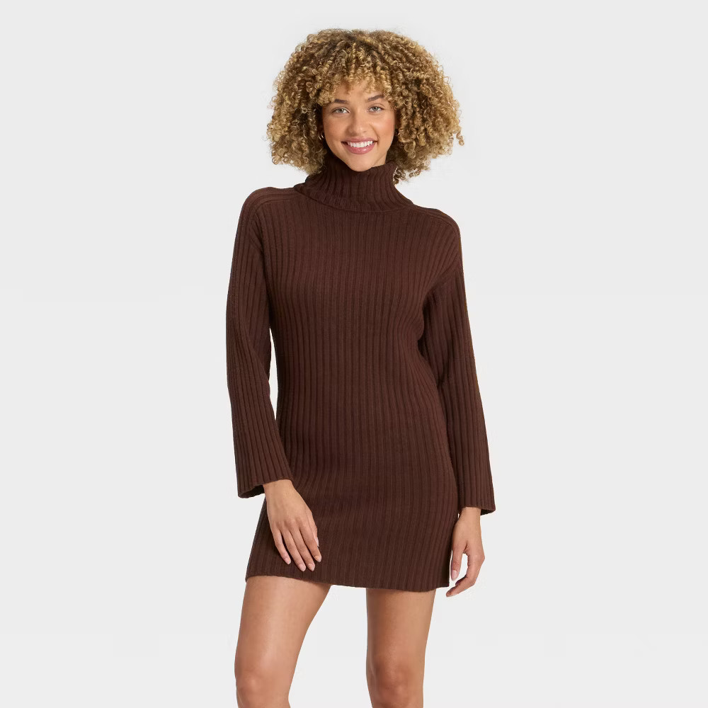 mini brown sweater dress Round Neck Long Sleeve Mini Sweater Dress – Charming Charlie