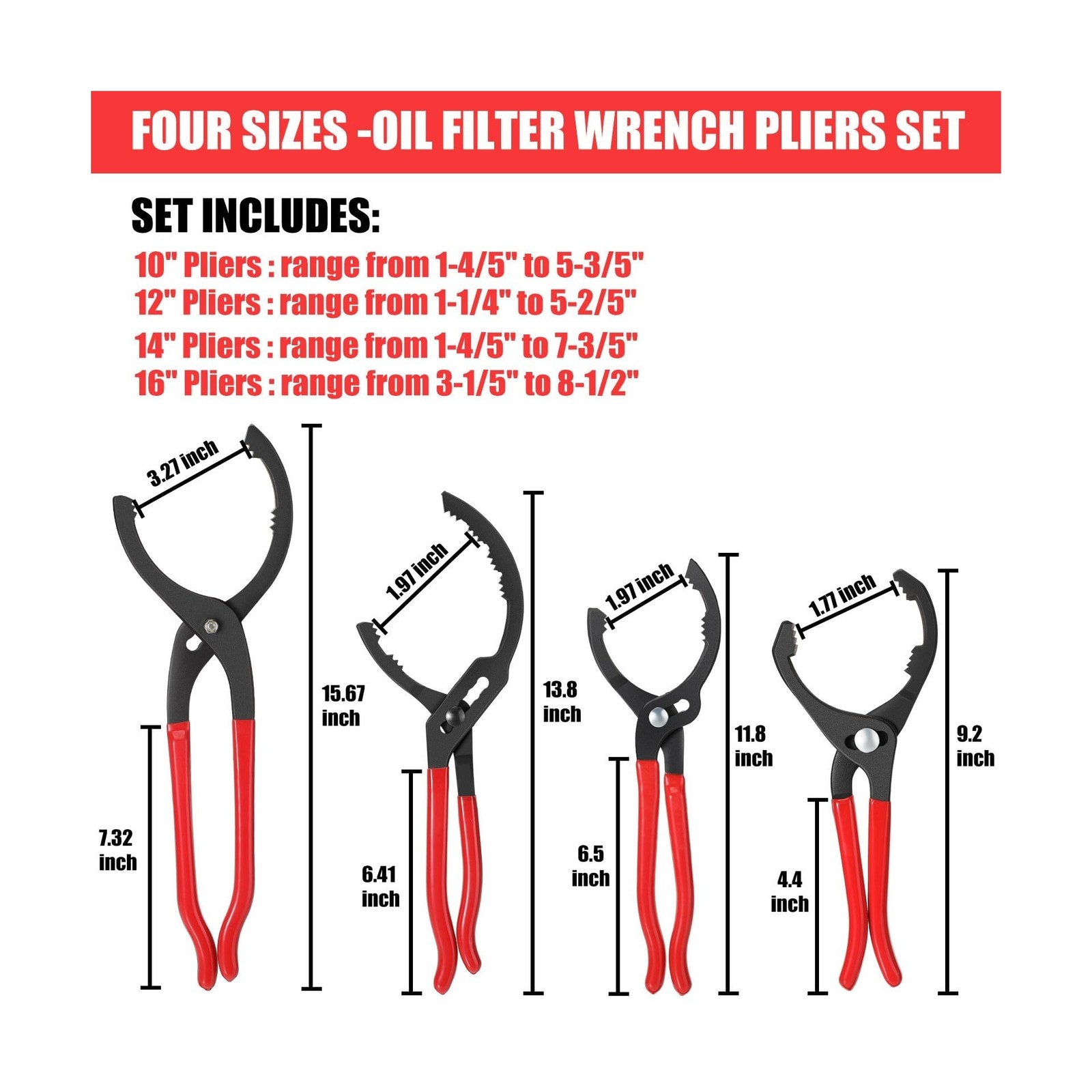 Lothee 4 Pieces Oil Filter Wrench Set, 10'' 12'' 14'' 16'' Oil Filt... Fast Ship